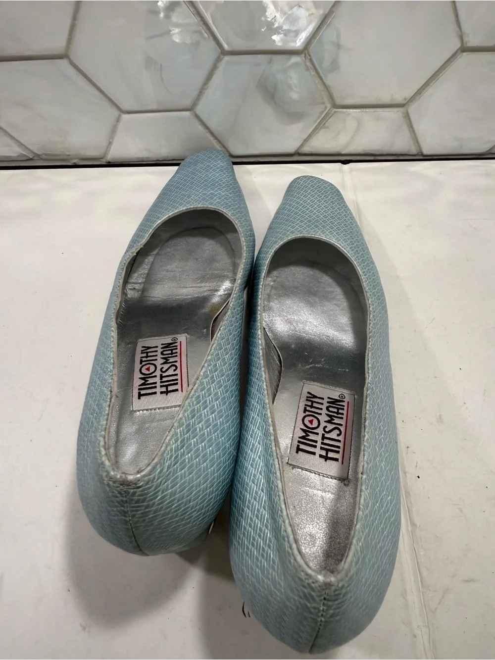Timothy Hitsman VTG Textured Light Blue Pump Shoe Metal Heart Block Heel 5.5-6?